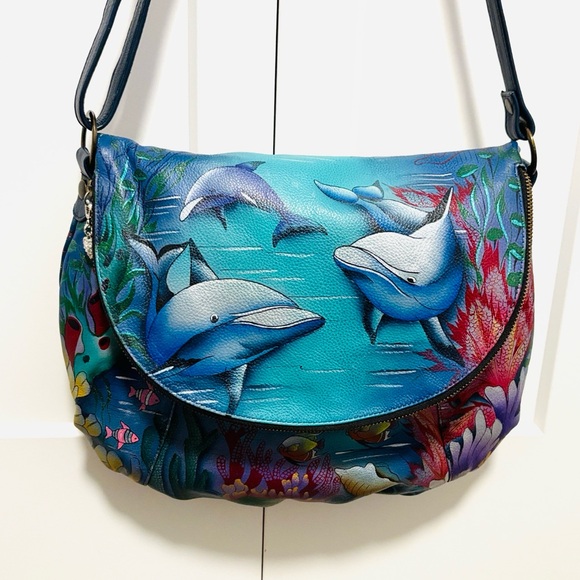 [Anuschka] Hand-Painted Leather Medium Flap Messenger Bag Purse, "Dolphin World" - Picture 5 of 16